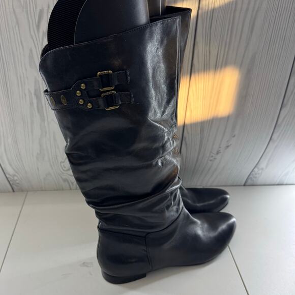 Vintage Y2K Guess Coryann Black Leather Slouch Boot Buckle Studded Size 8.5 - Picture 2 of 12